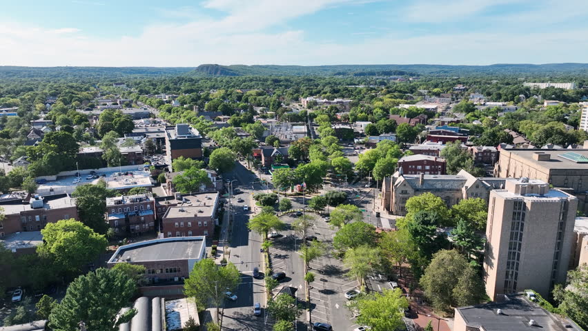 Drone shot over an intersection near Yale Univeristy In New Haven, Connecticut, USA.