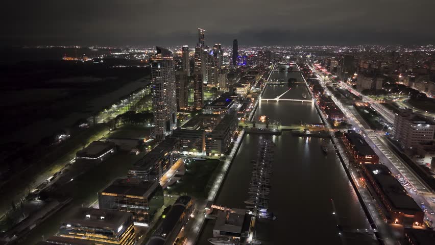 Aerial view of Buenos Aires at night. Puerto Madero, Argentina.