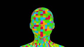 Human bust made of animated pixels moving closer and farther from camera on black background, seamless looped 3D digital art animation for technology, AI and futuristic projects. - Powered by Shutterstock - Get 15% off with code: PIKWIZARD15