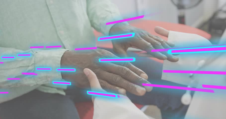 Medical pro placing hand on patient wrist locating pulse and monitoring vitals amid glitch overlay. Health, diagnostics, healthcare, medicine, analysis, clinical, diagnostic