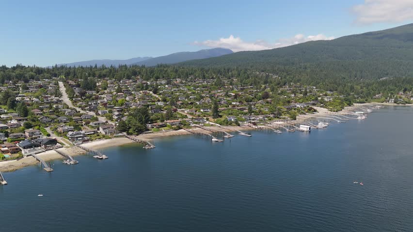 Aerial View of Serene Coastal Residential Area with Docks and Mountains in British Columbia, Canada