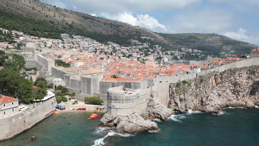 High fortification walls in old town in city of Dubrovnik, Croatia
