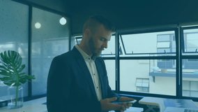 Businessman scanning smartphone initiating call with floating charts and map overlays for analytics. Technology, communication, data, innovation, corporate, digital, analytics - Powered by Shutterstock - Get 15% off with code: PIKWIZARD15