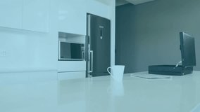 Businessman approaching kitchen responding to world map alerts by calling with network overlay. Technology, connectivity, communication, global, digital, innovation, modern - Powered by Shutterstock - Get 15% off with code: PIKWIZARD15