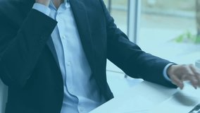 Executive raising smartphone to ear speaking and monitoring holographic financial metrics. Technology, innovation, corporate, futurism, data visualization, professionalism, digital - Powered by Shutterstock - Get 15% off with code: PIKWIZARD15