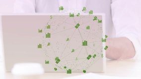 Man typing laptop over pink backdrop as green finance globe rising right adjusting hat for analysis. Technology, innovation, financial, data visualization, digital, professional, futuristic - Powered by Shutterstock - Get 15% off with code: PIKWIZARD15