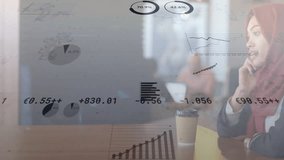 Woman taking call after phone ringing at cafe, transparent finance charts rising, guiding decisions. Business, finance, data, technology, professional, analytics, communication - Powered by Shutterstock - Get 15% off with code: PIKWIZARD15