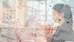 Circuit overlay appearing as businesswoman sipping coffee and dialing smartphone for business call. Technology, communication, professional, workspace, modern, productivity, innovation - Powered by Shutterstock - Get 15% off with code: PIKWIZARD15