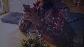 man tapping smartphone summoning overlay and bar chart, sipping coffee, reviewing data analytics. Technology, innovation, digital, productivity, modern, workspace, casual - Powered by Shutterstock - Get 15% off with code: PIKWIZARD15