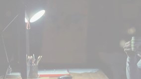 Man bringing smartphone into view on desk activating pulsing waveform and shield icon showing email. Technology, cybersecurity, innovation, digital, workspace, modern, interface - Powered by Shutterstock - Get 15% off with code: PIKWIZARD15