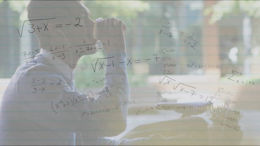 Student sipping coffee at cafe sparking equations evolving from algebra to integrals guiding typing. Intellectual, contemplative, creative, modern, academic, casual, inspirational