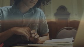 Data analyst fidgeting pen and starting holographic chart overlay while typing and analyzing trends. Technology, innovation, business, analytics, digital, research, futuristic - Powered by Shutterstock - Get 15% off with code: PIKWIZARD15