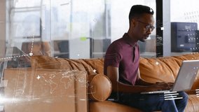 IT analyst placing laptop and typing watching overlays analysing bars rising completing analysis. Technology, data, innovation, modern, workspace, professional, analysis - Powered by Shutterstock - Get 15% off with code: PIKWIZARD15