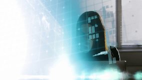 Woman sipping from mug activating technology world map UI then typing on laptop analyzing data. Futuristic, innovation, technology, data visualization, business, corporate, sleek - Powered by Shutterstock - Get 15% off with code: PIKWIZARD15