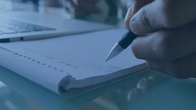 Man writing notebook causing globes floating pen shifting typing on laptop showing business network. Digital, global, connection, innovation, technology, workspace, professional - Powered by Shutterstock - Get 15% off with code: PIKWIZARD15