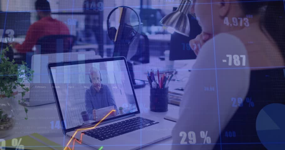 Office pro initiating call on laptop for colleague explaining trends as finance charts animating. Professional, workspace, communication, data visualization, modern, collaboration, digital