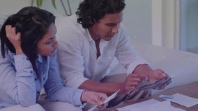 Couple reviewing bills woman pointing bill triggers man tapping calc keys overlay showing finance. Financial planning, household management, budget analysis, domestic economy, teamwork, home life - Powered by Shutterstock - Get 15% off with code: PIKWIZARD15