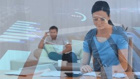 Woman grabbing receipt, tapping calculator, managing finance with animated charts showing stress. Home office, productivity, stress, data analysis, casual, contemporary, digital work - Powered by Shutterstock - Get 15% off with code: PIKWIZARD15