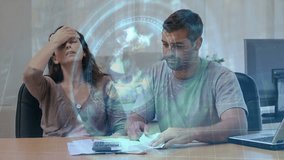 Couple initiating animated expense graph flow on laptop after entering bill totals for budget. Stress, teamwork, financial, support, communication, domestic, modern - Powered by Shutterstock - Get 15% off with code: PIKWIZARD15