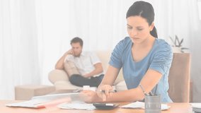 woman calculating expenses and checking smartphone activating security graphics over desk. Financial, technology, homeoffice, digital, communication, productivity, modern - Powered by Shutterstock - Get 15% off with code: PIKWIZARD15