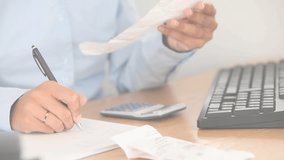 Woman reconciling receipts while fingerprint overlay guiding smartphone authentication for finance. Businesswoman, administrative, modern, technology, professional, workspace, analysis - Powered by Shutterstock - Get 15% off with code: PIKWIZARD15