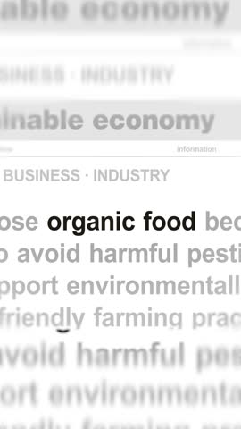 Vertical video: Organic food and eco friendly natural diet Headline news across international media. Abstract concept of internet news titles on screens seamless looped.