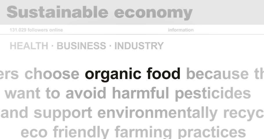 Organic food and eco friendly natural diet headline news across international media. Abstract concept of internet news titles on screens loop. Seamless and looped animation.