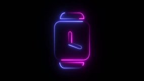 a neon smartwatch icon. The design features a square watch face with a glowing outline in pink and blue, and a simple clock display with two hands - Powered by Shutterstock - Get 15% off with code: PIKWIZARD15