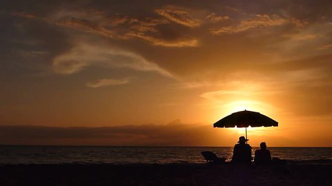 Man and woman couple sit under umbrella together along sandy beach during summer sunset in Hawaii with dogs running by.