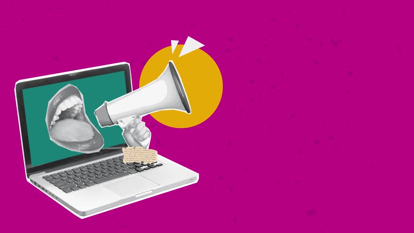 Trendy retro art Collage laptop with Megaphone