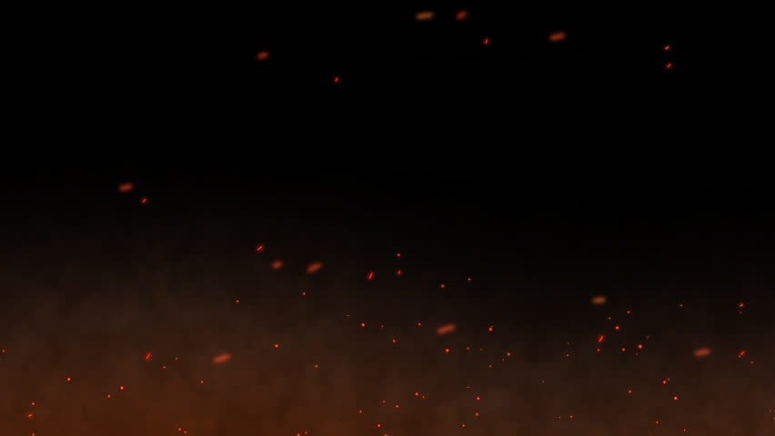 Loop background with glowing fire particles. Bright Fire flakes rising fast in fiery sky with smoke. Campfire effect on dark alpha channel. Abstract graphic animated footage
