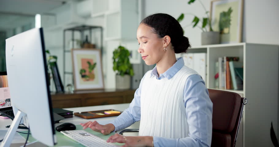 Computer, woman and relax in office with laptop, stretching or deep breathing for stress management. Happiness, screen break or calm employee resting in workplace, tech or peace for work life balance