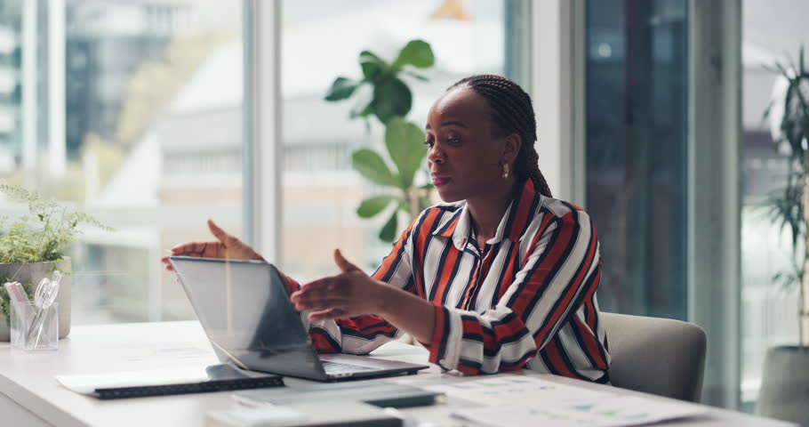 Business, tired and black woman with laptop, headache and completed assignment with burnout. African person, journalist and employee with pc, migraine and fatigue with finished task or exhausted