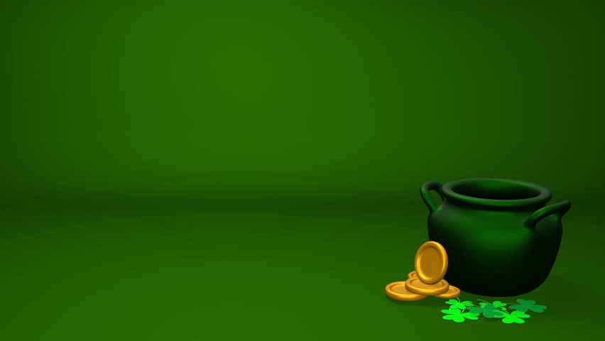 animation and clover and coins coming out of green urn with copyspace