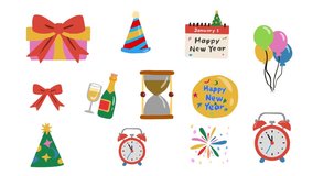 Festive looping animation of New Year elements collection, including fireworks, champagne, balloons, party hats, and gifts, perfect for holiday greetings and celebration videos. - Powered by Shutterstock - Get 15% off with code: PIKWIZARD15