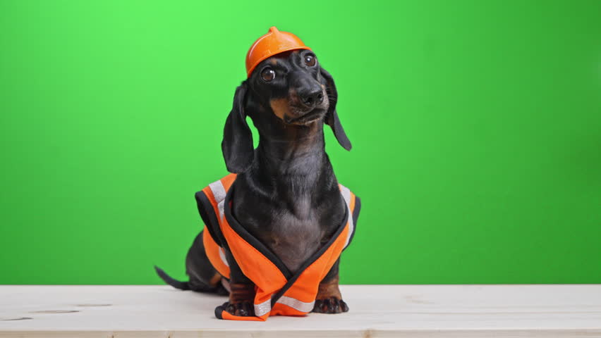 A dachshund wearing a construction helmet and safety vest sits against a vibrant green background, adding a touch of humor and charm.