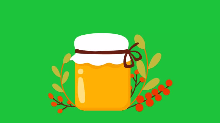Animated jar of honey with leaves on green screen. Food, sweet, and natural concept