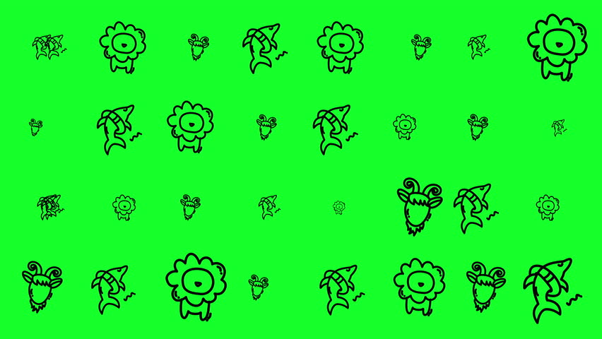 Seamless animal doodles featuring lions, sharks, goats, and acorns on a vibrant green backdrop perfect for kids stationery and products.