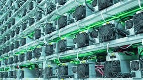 Vibrant green lights illuminate rows of powerful cryptocurrency mining rigs in a bustling data center, showcasing the dynamic energy of digital asset creation. - Powered by Shutterstock - Get 15% off with code: PIKWIZARD15