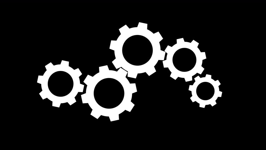 animation of five rotating and connected gears in on a black background for technology or machinery