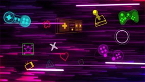 Animation of neon video game icons on black background. Global video game, digital interface, communication, computing and data processing concept digitally generated video. - Powered by Shutterstock - Get 15% off with code: PIKWIZARD15