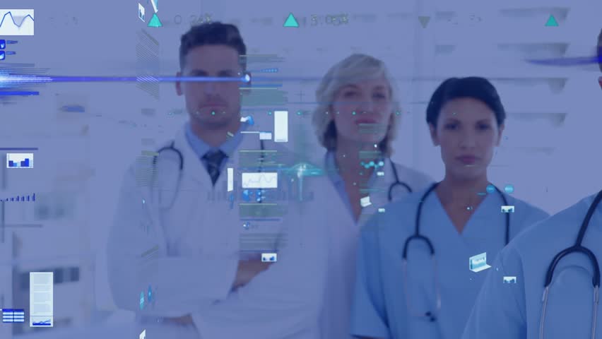 Animation of data processing over diverse doctors and health workers standing together at hospital. Medical healthcare technology concept - Powered by Shutterstock - Get 15% off with code: PIKWIZARD15