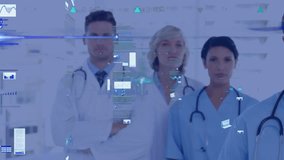 Animation of data processing over diverse doctors and health workers standing together at hospital. Medical healthcare technology concept - Powered by Shutterstock - Get 15% off with code: PIKWIZARD15