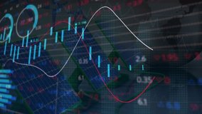 Animation of trading board, multiple graphs, globe over solar panels. Digital composite, multiple exposure, investment, report, finance, electricity, technology, environmental conservation. - Powered by Shutterstock - Get 15% off with code: PIKWIZARD15