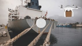 A drone carrying a box hovers in a port. Global shipping connections technology and digital interface concept digitally generated video. - Powered by Shutterstock - Get 15% off with code: PIKWIZARD15