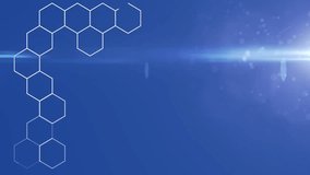 Animation of light spot over chemical structures and hexagonal shapes against blue background. Medical research and science technology concept - Powered by Shutterstock - Get 15% off with code: PIKWIZARD15