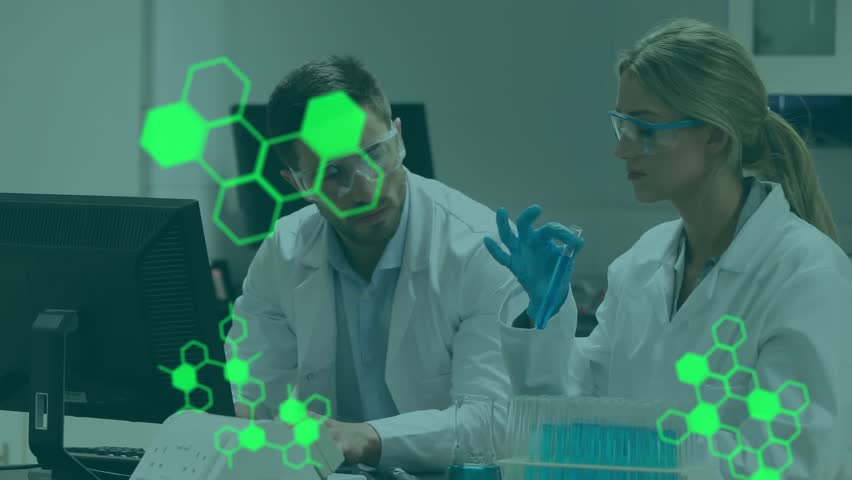 Animation of medical data processing over diverse male and female scientists working at laboratory. Medical research and science technology concept - Powered by Shutterstock - Get 15% off with code: PIKWIZARD15