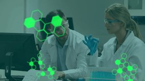 Animation of medical data processing over diverse male and female scientists working at laboratory. Medical research and science technology concept - Powered by Shutterstock - Get 15% off with code: PIKWIZARD15