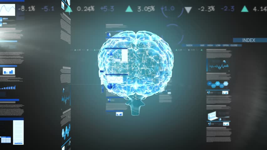 Animation of human brain and data processing. Global science, research, computing and data processing concept digitally generated video.
