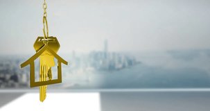 Animation of golden house model and key over drone shot of defocused cityscape against sky. Digital composite, copy space, home, new, key ring, real estate, investment, building. - Powered by Shutterstock - Get 15% off with code: PIKWIZARD15